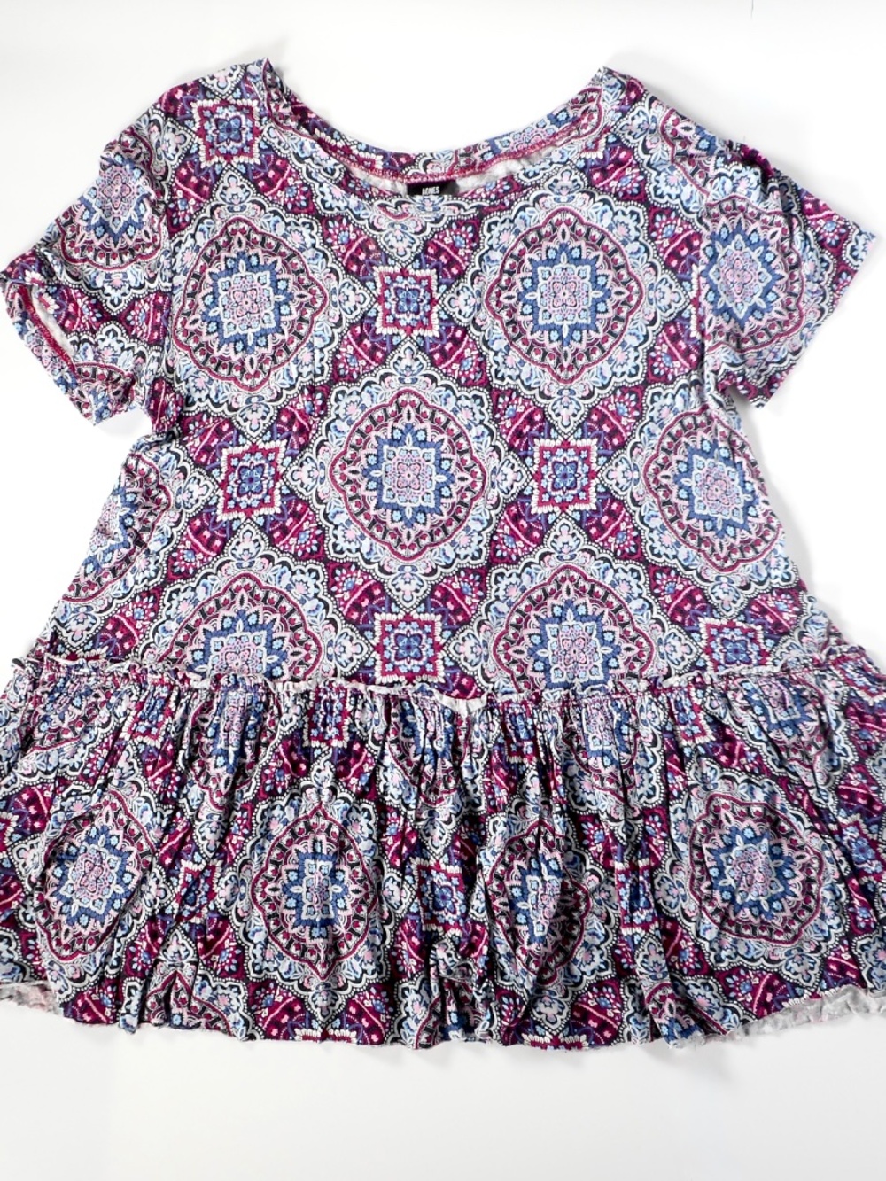 Agnes & Dora Pink Blue Sz S Ruffle Top Short Sleeve Tunic Soft Rayon Stretch